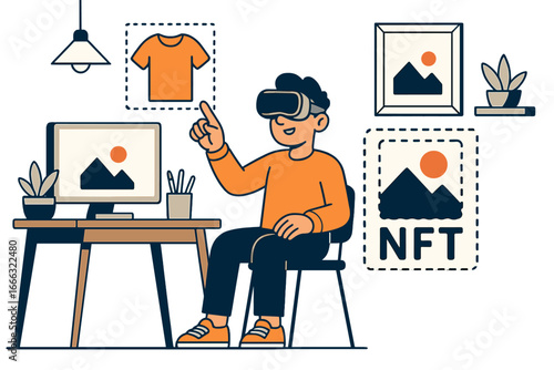 Virtual reality and NFT experiences featuring digital apparel and artwork in a modern creative workspace, immersive technology, virtual shopping, augmented reality, NFT art collection