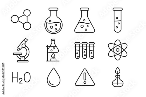 Chemistry science line icon set. Laboratory research equipment, chemical experiment outline symbols. Molecule, atom, microscope, flask, test tube vector illustration collection.