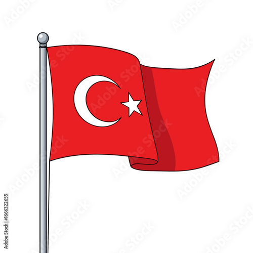 Illustration of the national flag of turkey waving majestically on a metal flagpole against a pure white background