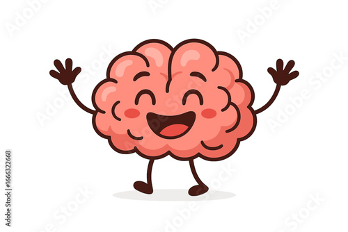 Happy brain cartoon character with a joyful smile. Cute mind mascot for creative idea. Concept for intelligence, brainstorming, thinking, learning, knowledge, psychology, mental health.
