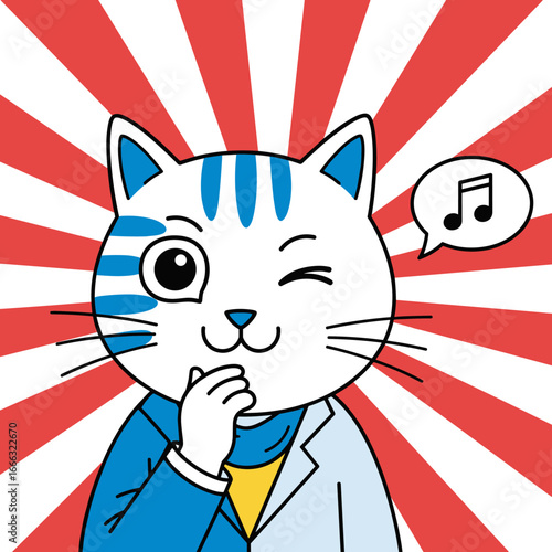 Charming feline musician pondering melodies with a playful wink in a stylized artistic presentation