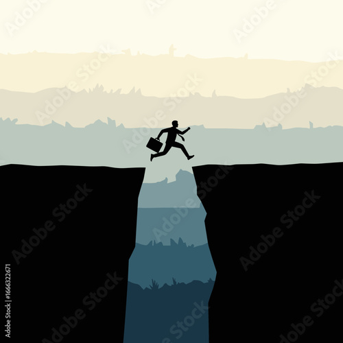 A determined businessman leaps across a deep chasm symbolizing career advancement and overcoming obstacles