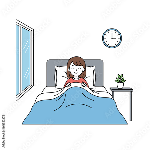 A happy young woman is sleeping comfortably in her bed in a bright bedroom with a bedside table and a plant