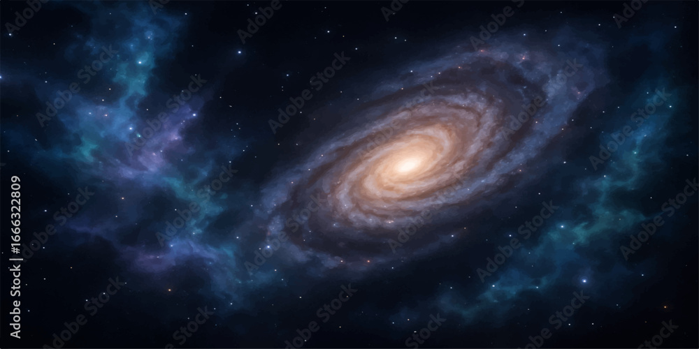 Fototapeta premium An abstract, deep blue cosmos with a bright spiral galaxy and starry night sky