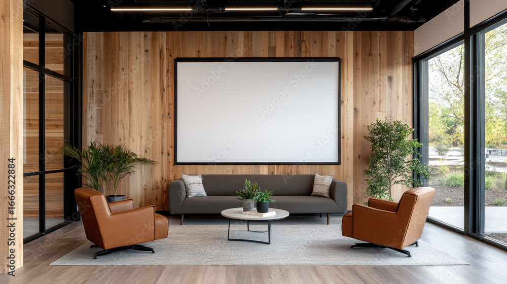 Modern office interior with wooden walls, comfortable seating, and large screen Modern office interior with wooden walls, comfortable seating, and large screen