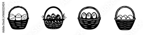 Various baskets filled with eggs displayed in a decorative arrangement for a festive occasion