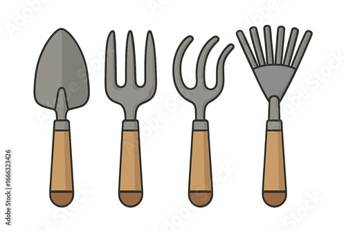 Set of 4 essential gardening tools vector illustration, trowel, hand fork, cultivator, and rake, garden equipment icons on transparent background, horticulture and planting design