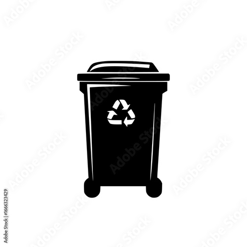 Black recycling bin with a symbol in a minimalist design located in an urban setting