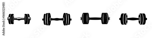 Different designs of dumbbells shown in a sequence, highlighting fitness equipment variations and their uses in strength training