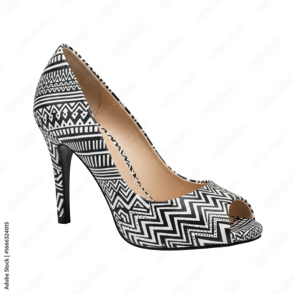 Fototapeta premium Stylish black and white patterned peep toe high heel shoe isolated on transparent background