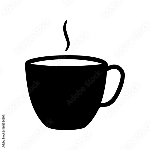 Black silhouette of a cup with rising steam, isolated on white background