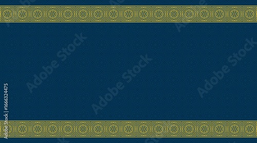 Elegant Islamic design background. Dark blue with a subtle geometric pattern and ornate golden borders at the top and bottom. Perfect for invitations, certificates, and religious themes