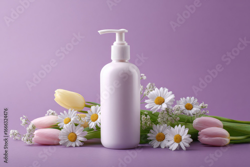 Realistic body lotion pump bottle stands elegantly among fresh flowers, including daisies and tulips, creating serene and inviting atmosphere. soft purple background enhances beauty of arrangement