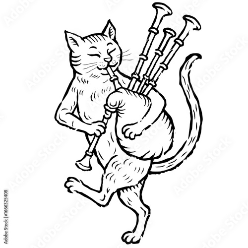 Hand drawn engraving style cat playing bagpipes. Vintage medieval animal illustration in gothic heraldic style, perfect for tattoo design, fantasy artwork, folklore projects, TTRPG graphics, or decora