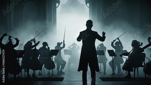 Orchestral Performance in a Misty Concert Hall