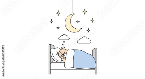 A small bear sleeps soundly in a cozy bed under a starry night sky dreaming of sleepy thoughts