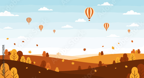 Spectacular scenic autumn landscape with numerous hot air balloons floating gently in the sky over rolling hills