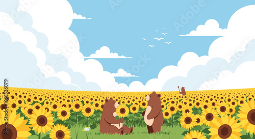 Two adorable bears enjoying a sunny day amidst a vast field of bright yellow sunflowers under a blue sky