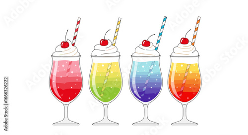 Four deliciously colorful refreshing drinks with whipped cream cherries and striped straws