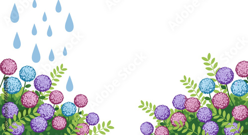 Beautiful hydrangea flowers blooming under gentle spring rain showers creating a serene and lush garden scene