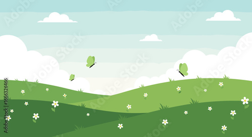A beautiful spring meadow filled with green butterflies flying among white flowers under a clear blue sky with fluffy clouds