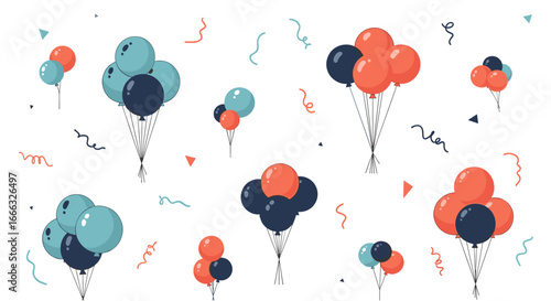 Festive celebration arrangements of floating balloons and confetti for joyful events and party decorations