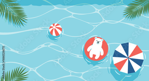 Charming summer vacation scene with a polar bear floating enjoying poolside relaxation and tropical beach vibes