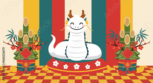 Joyful white dragon celebrates lunar new year with festive decorations and traditional good luck symbols