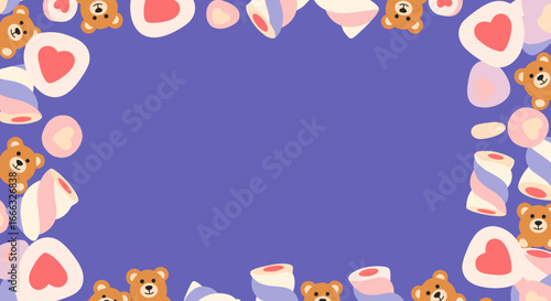 Adorable teddy bear and marshmallow sweet border design featuring heart shaped candies and pastel colors