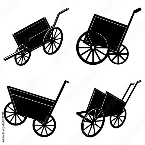 Four black and white illustrations of different wheelbarrows with spoked wheels and handles shown