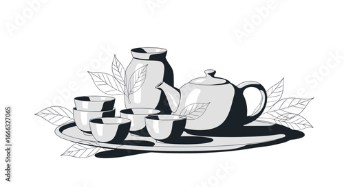 A traditional ceramic tea set with cups pot and leaves arranged on a tray for a serene beverage experience