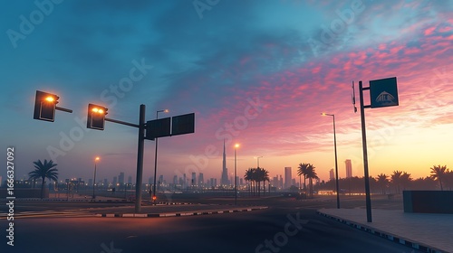 Traffic lights and dubai skyline under a colorful sunset sky at twilight