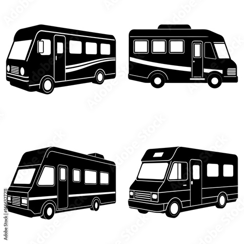 Illustration featuring four black and white rv camper vans in varied styles and orientations on white background
