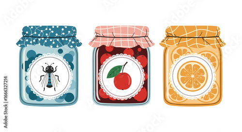 Three jars filled with delicious homemade jams and preserves featuring fruit and insect labels