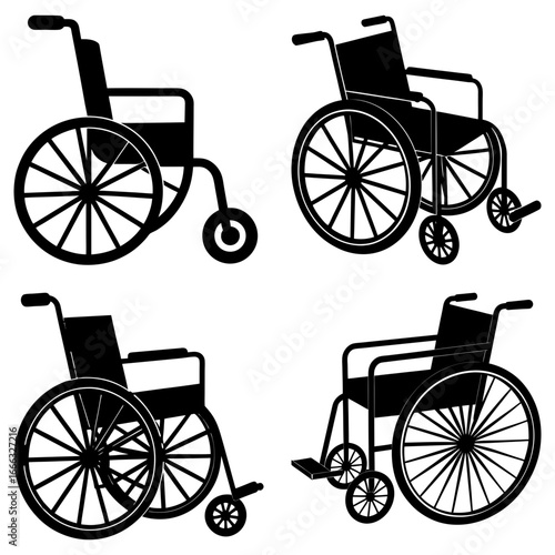 Illustration showing four different types of wheelchairs in black silhouette on a white background