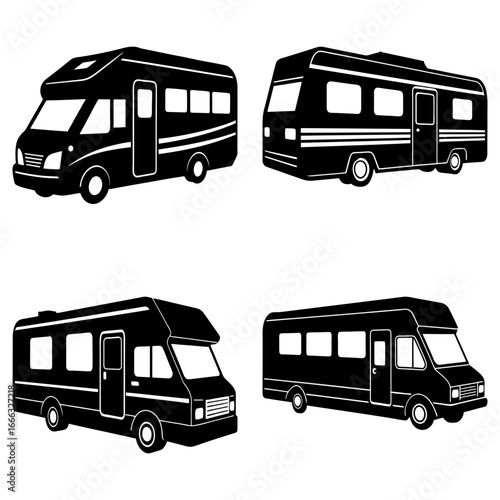 Four black and white rv camper vans in varying styles and sizes on a white background vector image