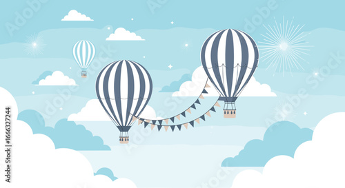 Whimsical hot air balloons ascending through a sky of fluffy clouds and sparkling stars