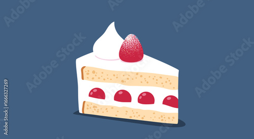 Delicious slice of strawberry shortcake with fresh cream and juicy berries