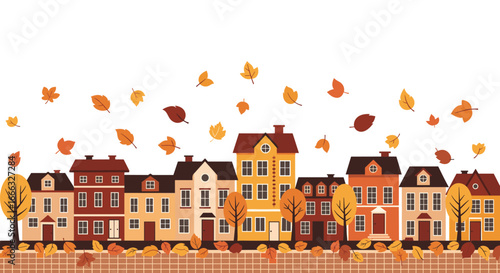 Charming autumn street scene with falling leaves and colorful houses