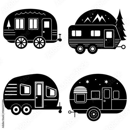 Four black and white camping trailers with different designs and backgrounds in a vector illustration