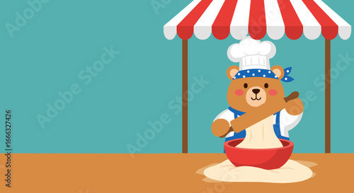 Cute bear baker enthusiastically kneading dough under a red striped awning