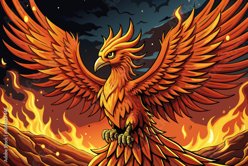 A majestic fire phoenix bird rises from glowing ashes into a fiery sky, symbolizing rebirth, power, and eternal life in a mythical fantasy setting.
