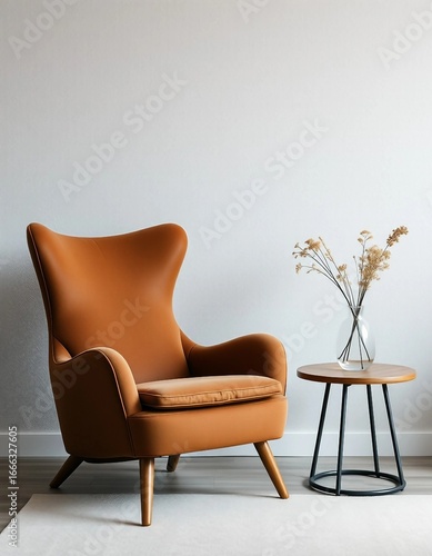 Modern brown armchair with a matching side table holding a vase 