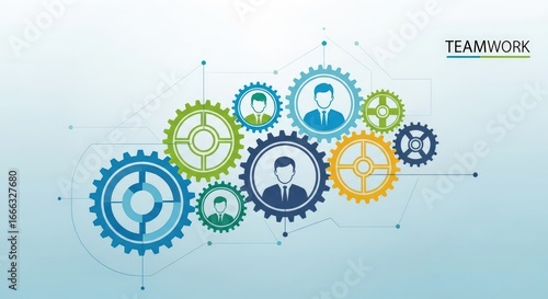 Dynamic teamwork concept with gears and people, representing collaboration and success