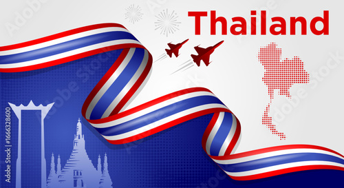 Thailand National Day Banner with Flag Ribbon and Landmarks