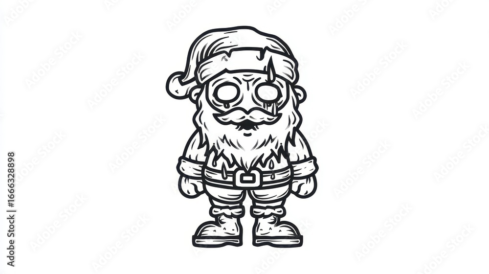 Black and white illustration of stylized Santa Claus with exaggerated features, including large round eyes, bushy beard, and traditional Santa hat. design is cartoonish and detailed, with Black and white illustration of stylized Santa Claus with exaggerated features, including large round eyes, bushy beard, and traditional Santa hat. design is cartoonish and detailed, with