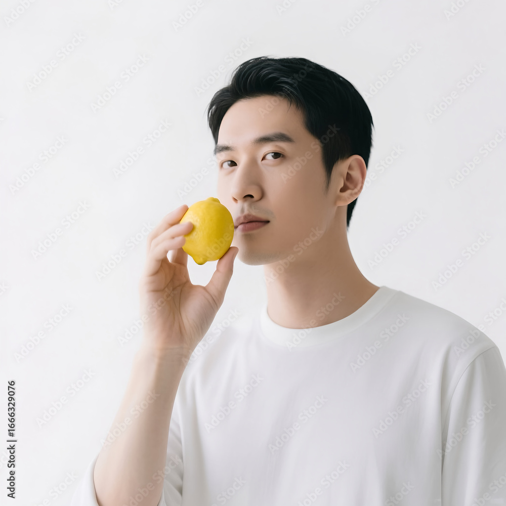 Young Asian man holding lemon and posing in bright indoor setting Young Asian man holding lemon and posing in bright indoor setting
