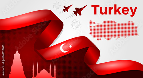 Turkey National Day Banner with Flag Ribbon and Landmarks