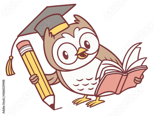 Cute cartoon owl in graduation cap holding pencil and book, school clipart, isolated on transparent.