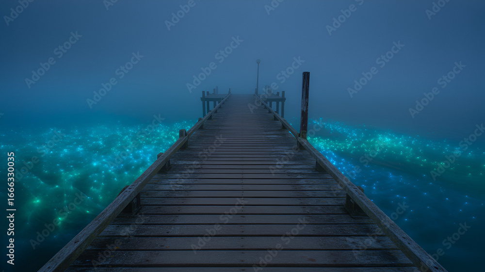 Fototapeta premium A foggy night view of a wooden pier stretching into the calm water
